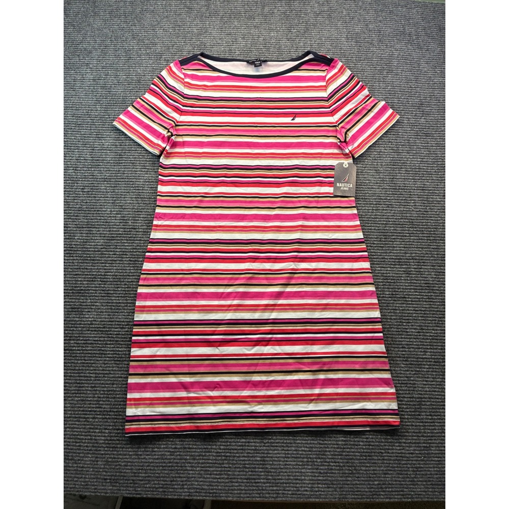 Nautica Jeans Co Womens Pink Striped Short Sleeve Boat Neck T-Shirt Dress Medium